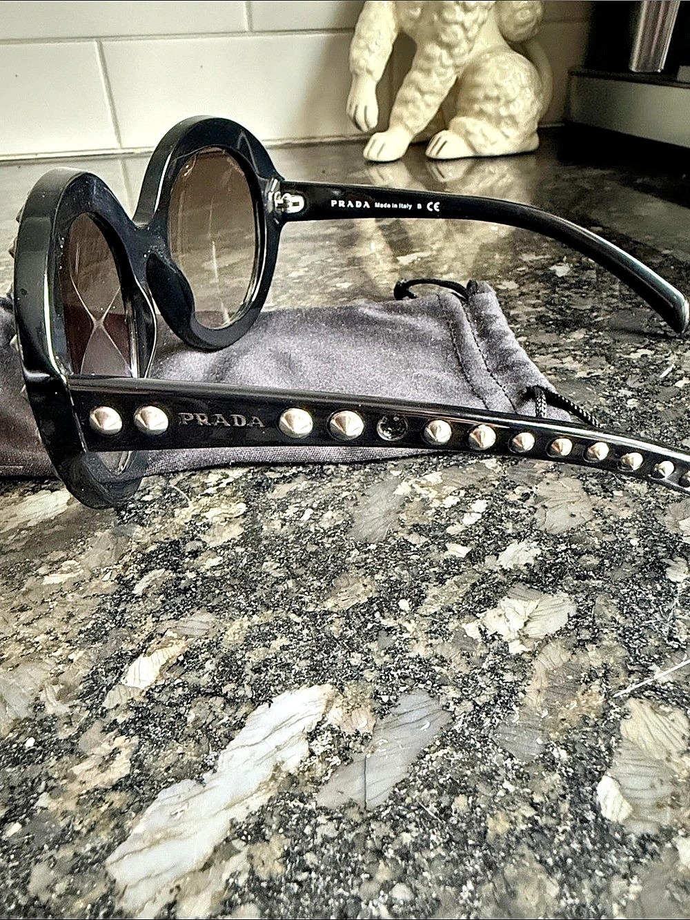 Prada Cinema Studded Round Sunglasses SPR 13Q Black & Gray - Picture 2 of 4